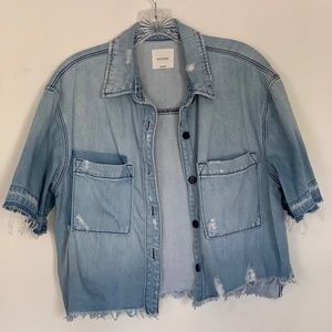 Women's Distressed Short Sleeved Cropped Denim Shirt sz M